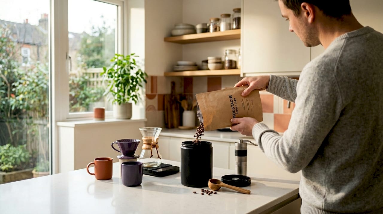 Hands transferring coffee beans to airtight container