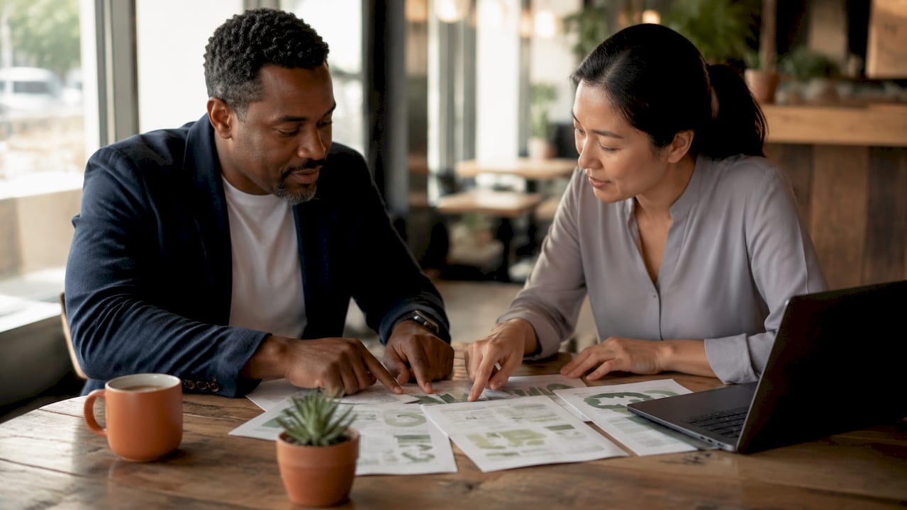 Two professionals reviewing sustainability documents