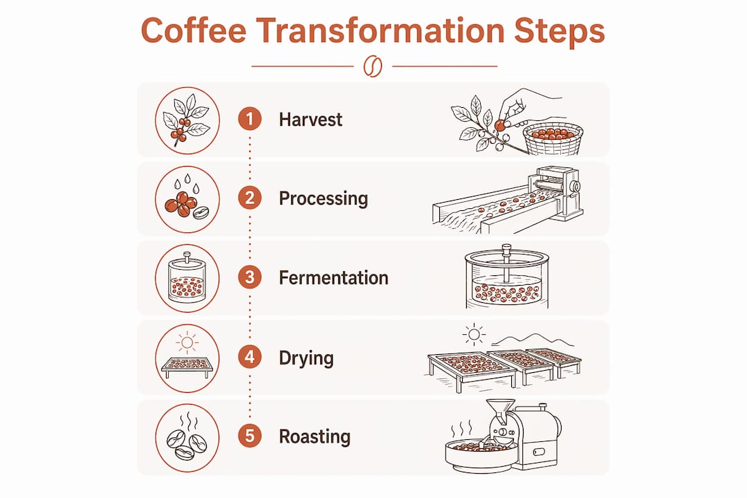 Infographic illustrating stages from coffee cherry to roasted bean