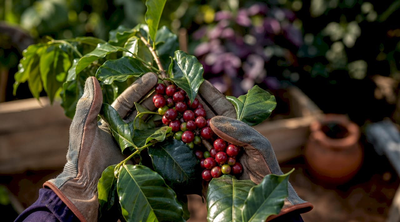 Hands holding Typica coffee plant branch
