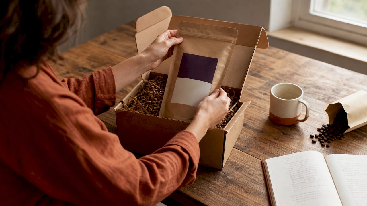 Close-up of hands unpacking premium coffee subscription box