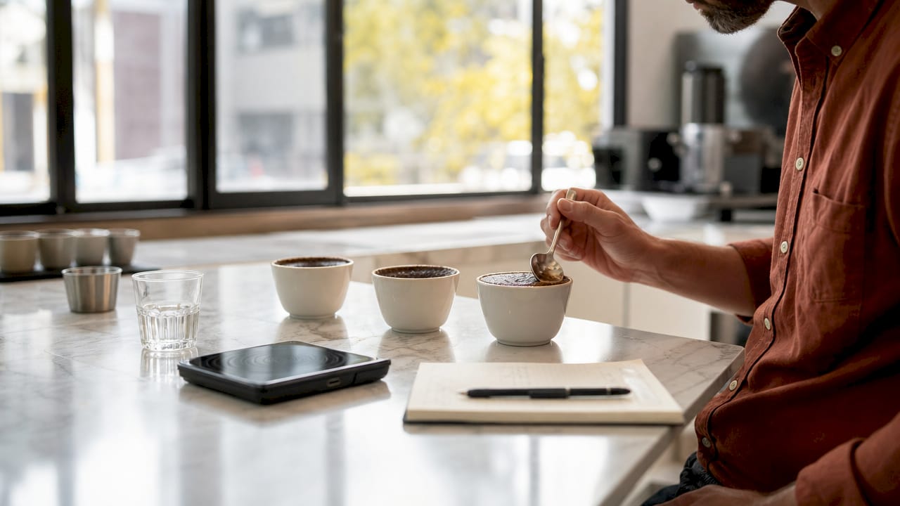 Overhead hands cupping specialty coffee samples