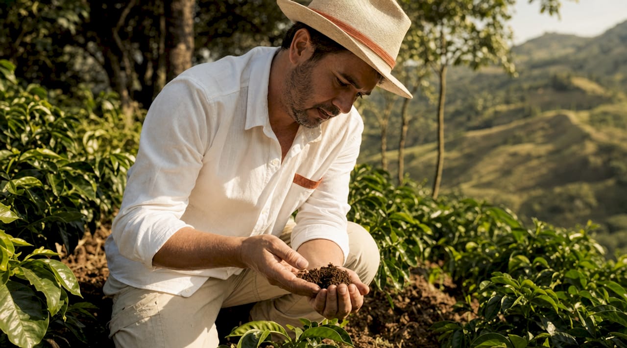 Farmer inspecting soil on high-altitude coffee plantation