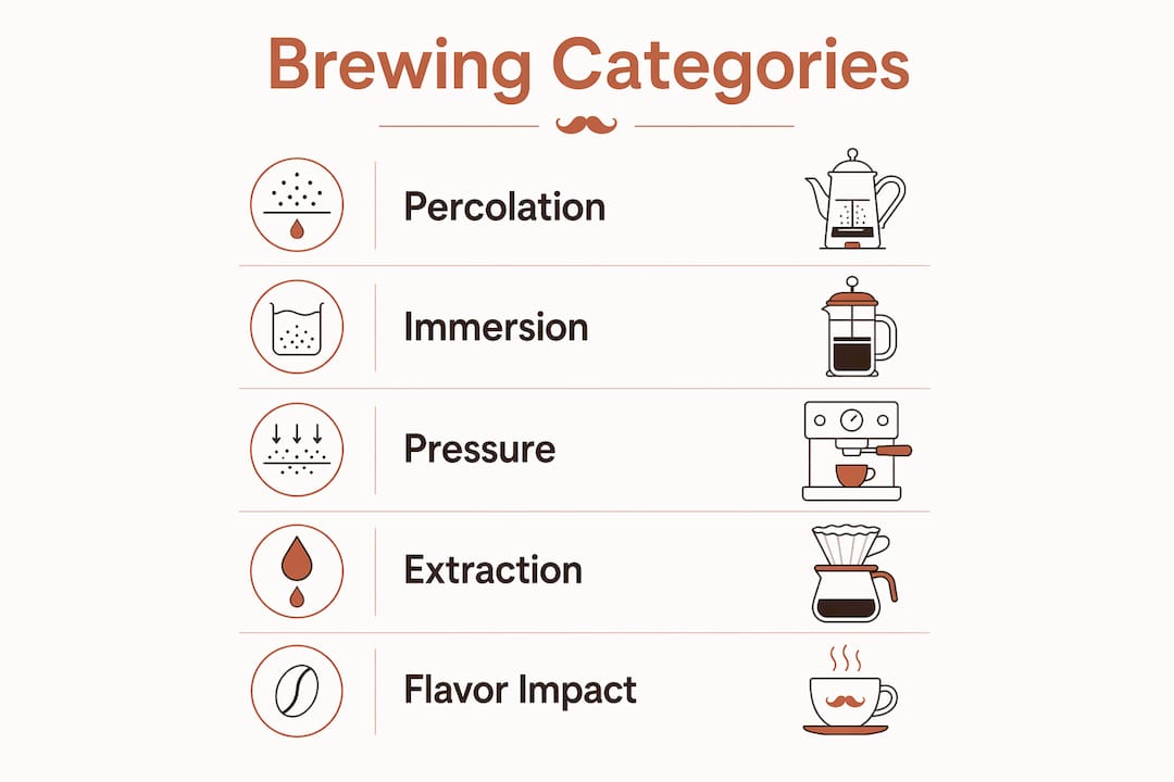Infographic illustrating coffee brewing categories and flavor impact