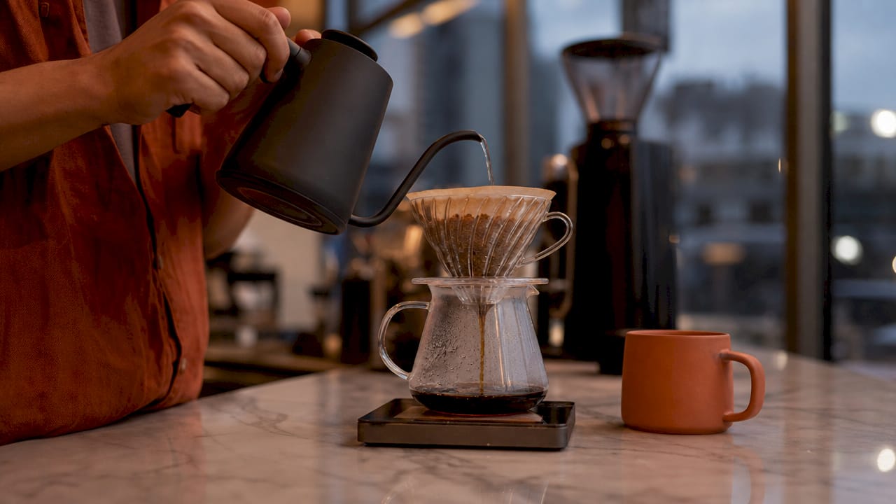Hands grinding coffee beans at home