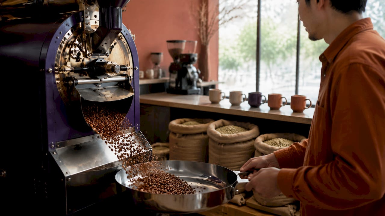 Light to medium roast coffee beans in artisanal roaster