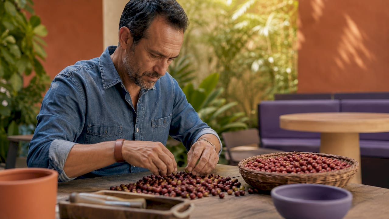 Hands sorting coffee cherries on farm