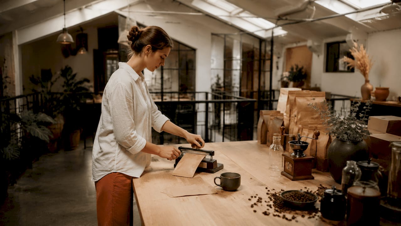 Hands sealing freshly roasted coffee bag