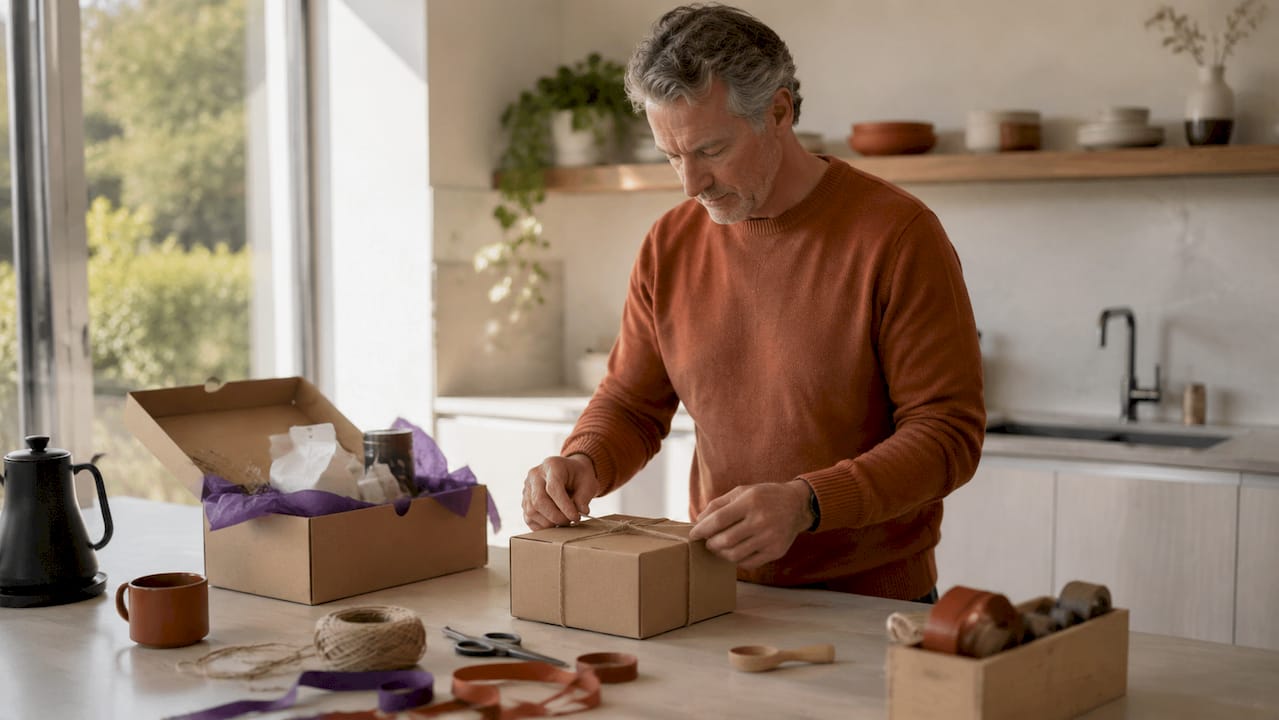 Hands wrapping coffee gift with kraft paper