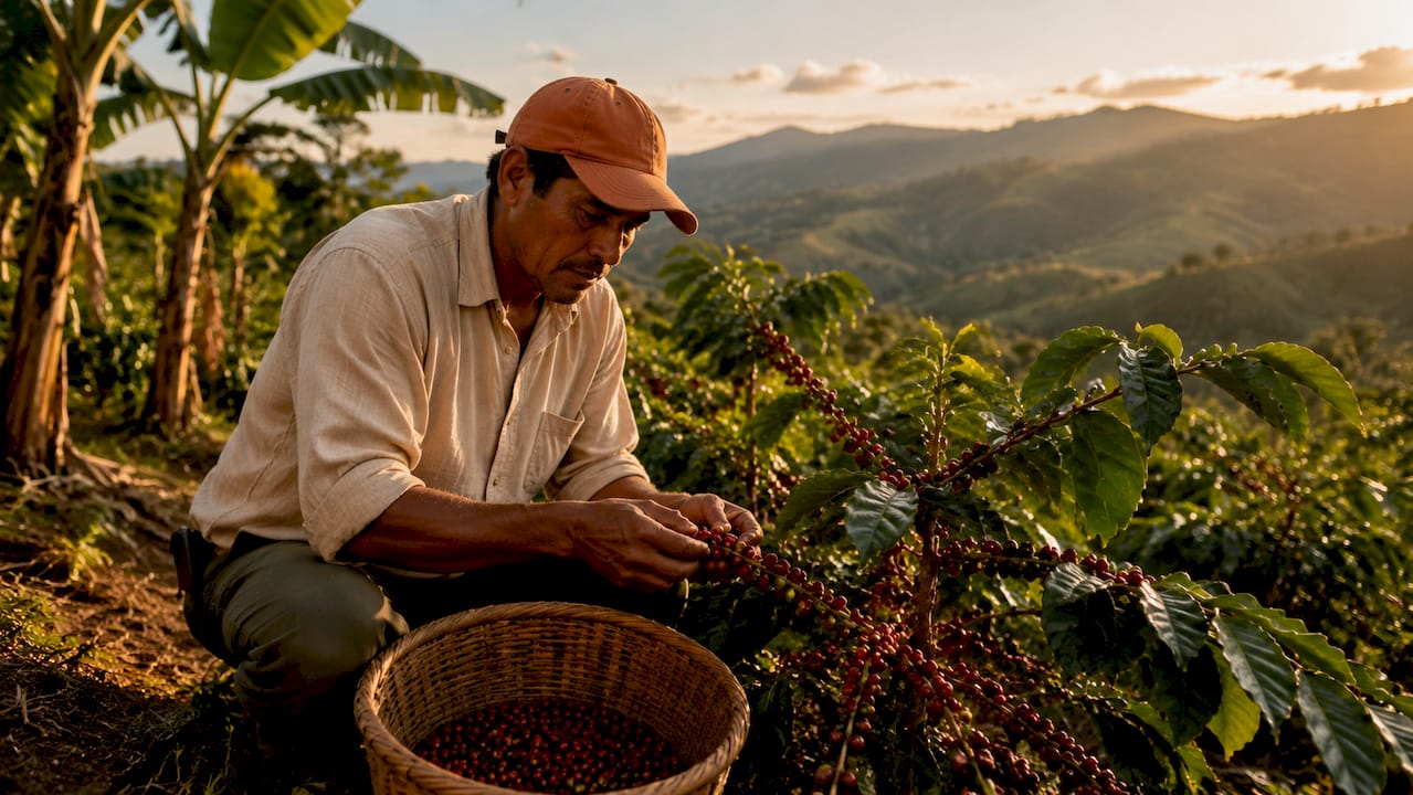 Farmer sorting ripe coffee cherries for fermentation