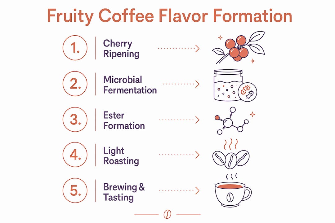 Infographic illustrating stages of fruity flavor formation in coffee