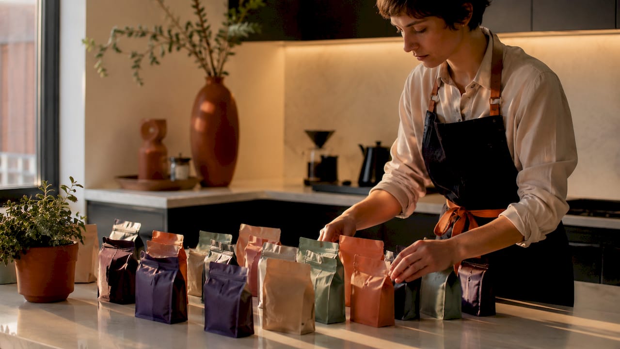 Hands arranging coffee sampler bags on table