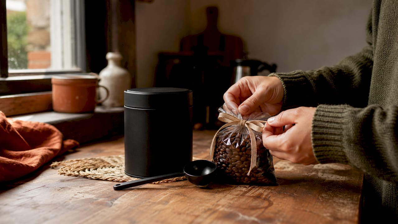 Curated coffee gift set with cohesive colors on wooden table