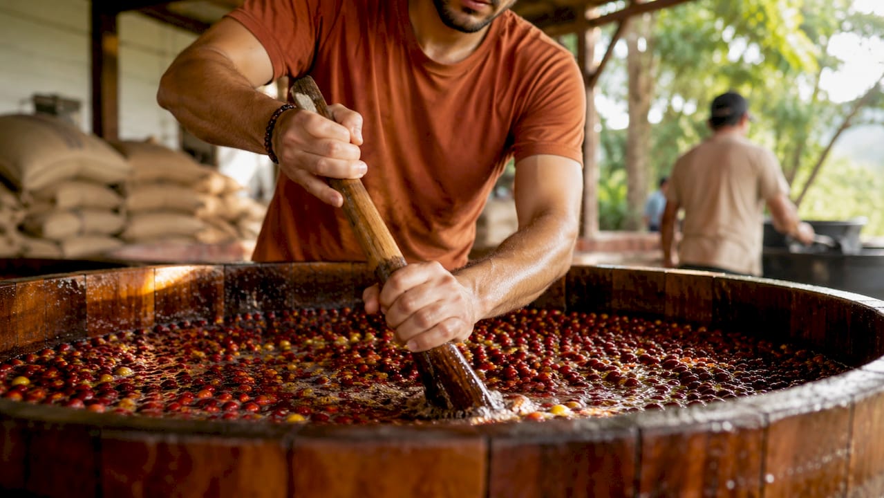 Hands stirring coffee cherries in fermentation tank