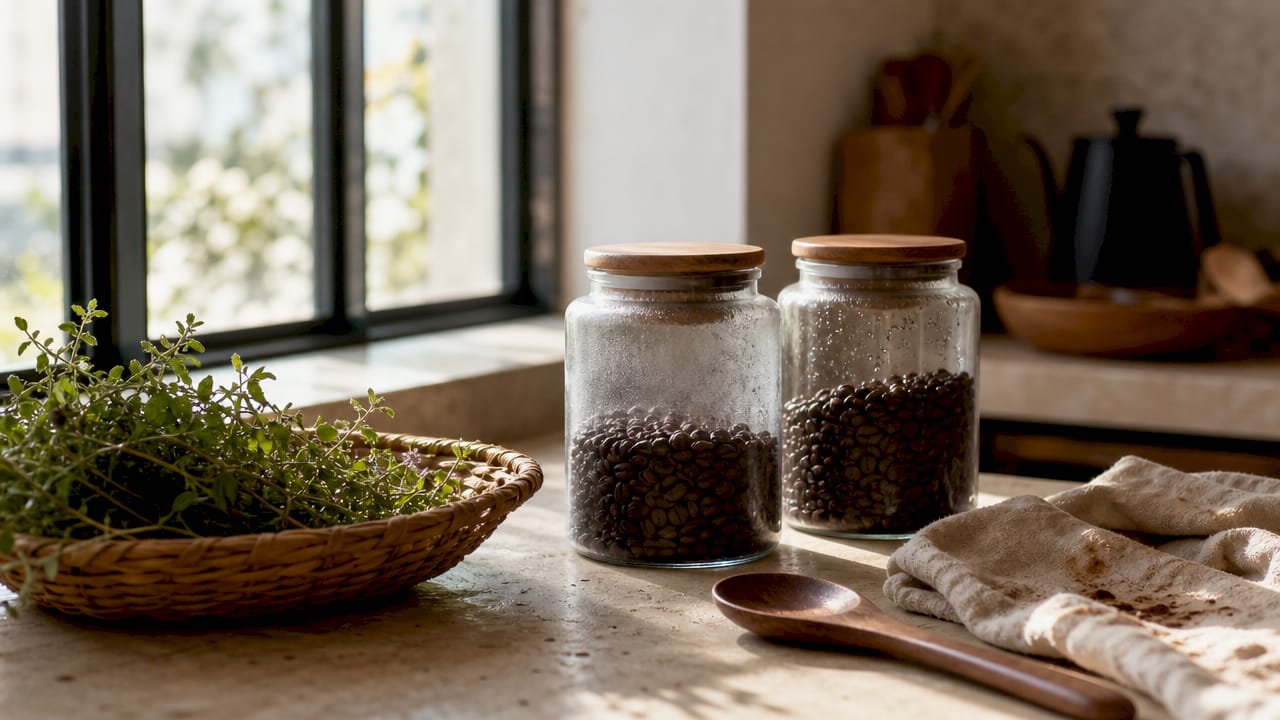 Close-up jars representing four enemies of coffee freshness