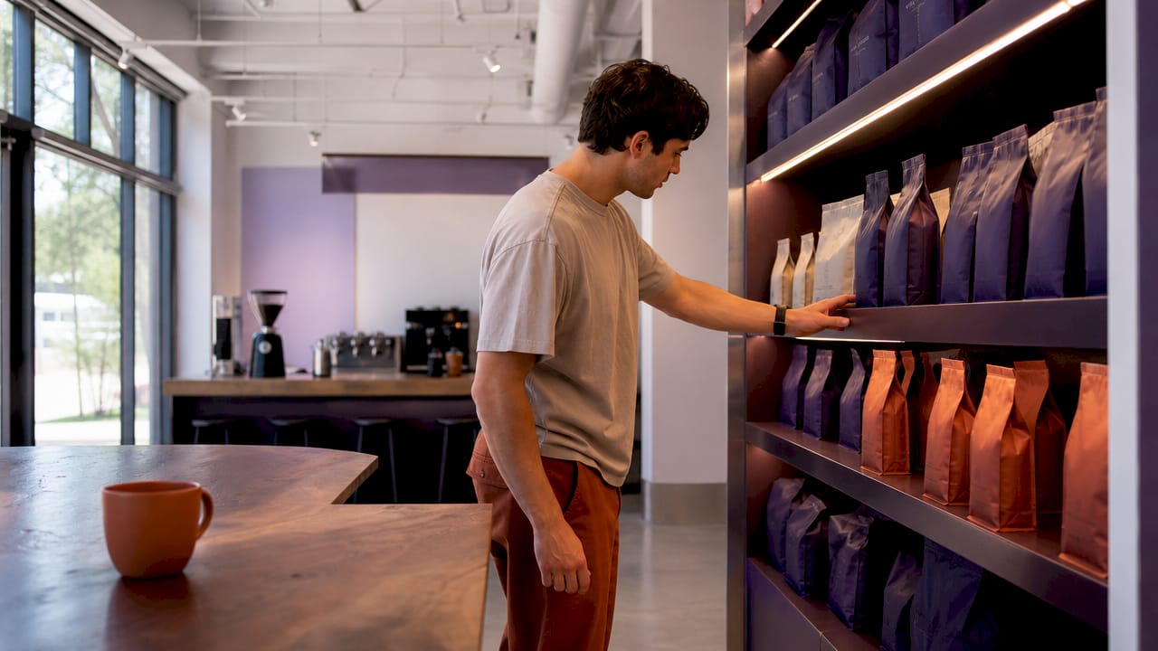 Hands choosing coffee bag in shop