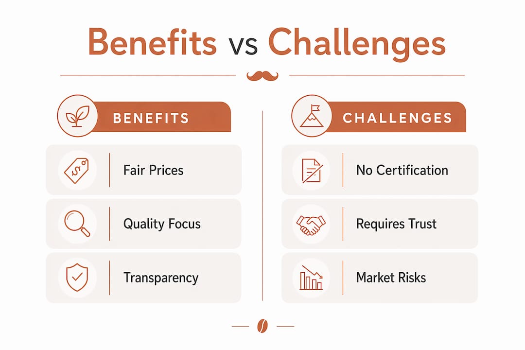 Infographic comparing benefits and challenges of direct trade coffee