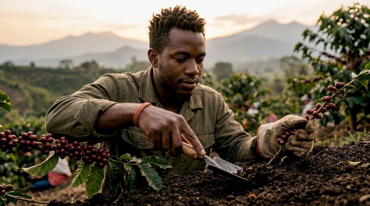 Agronomist examining volcanic soil and coffee cherries
