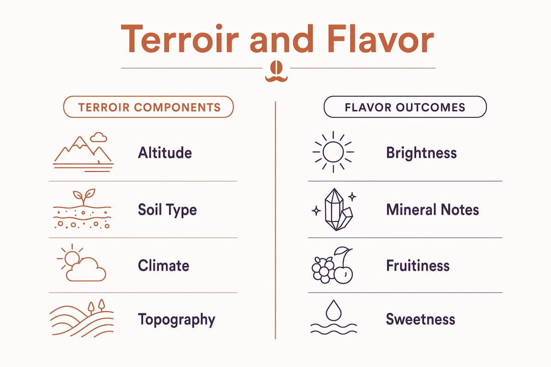 Infographic comparing terroir components with coffee flavor outcomes