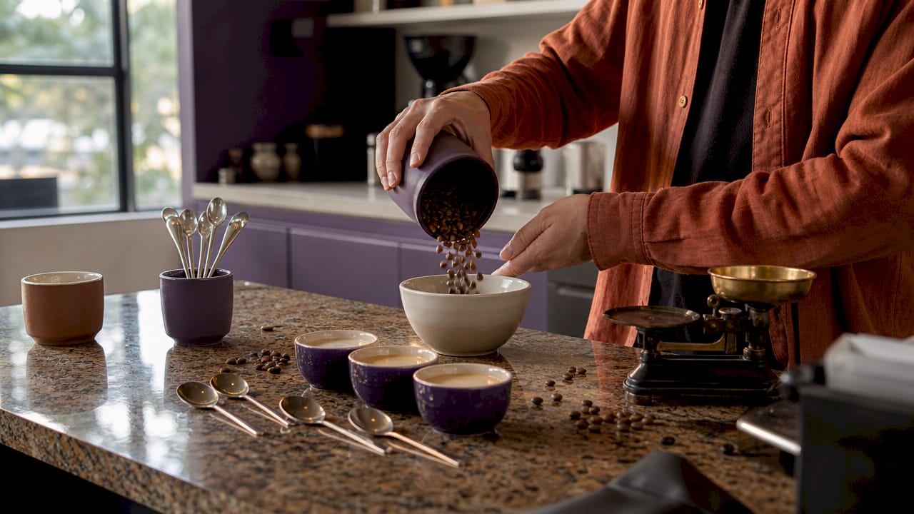 Barista hands mixing coffee beans on countertop top view