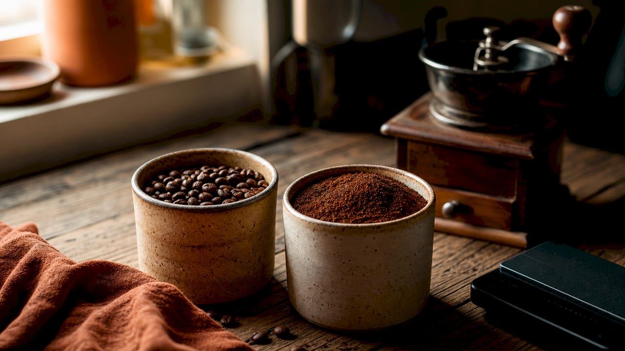 Jars of whole bean and ground coffee side by side