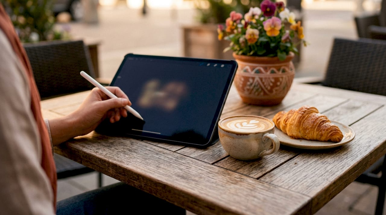 Overhead view of tablet customization in café