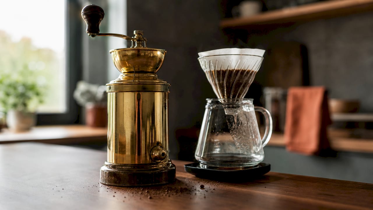 Close-up of coffee grinder and ceramic dripper on counter