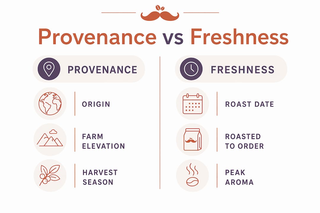 Infographic comparing coffee provenance and freshness attributes