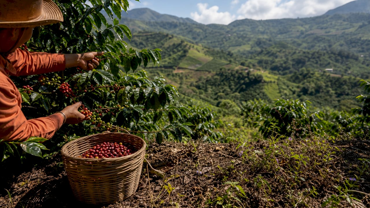 Farmer tending Chiroso coffee plants outdoors at high elevation