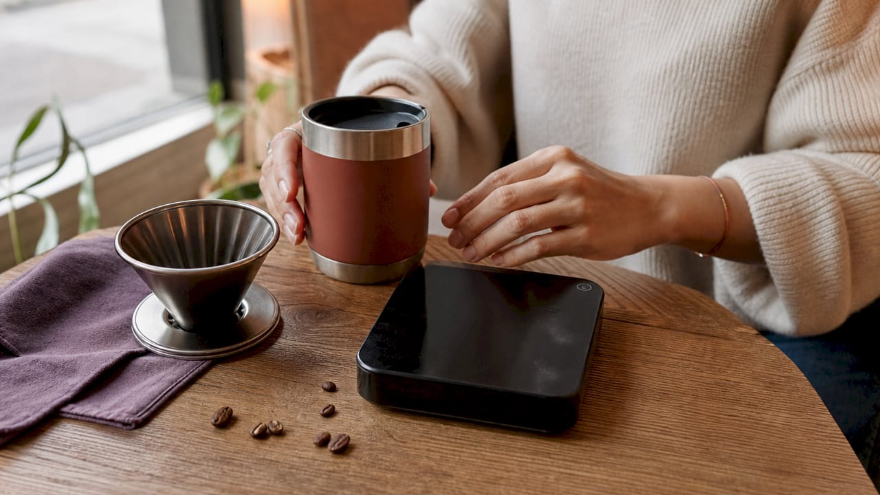 Affordable coffee gifts on wood table with hands assembling
