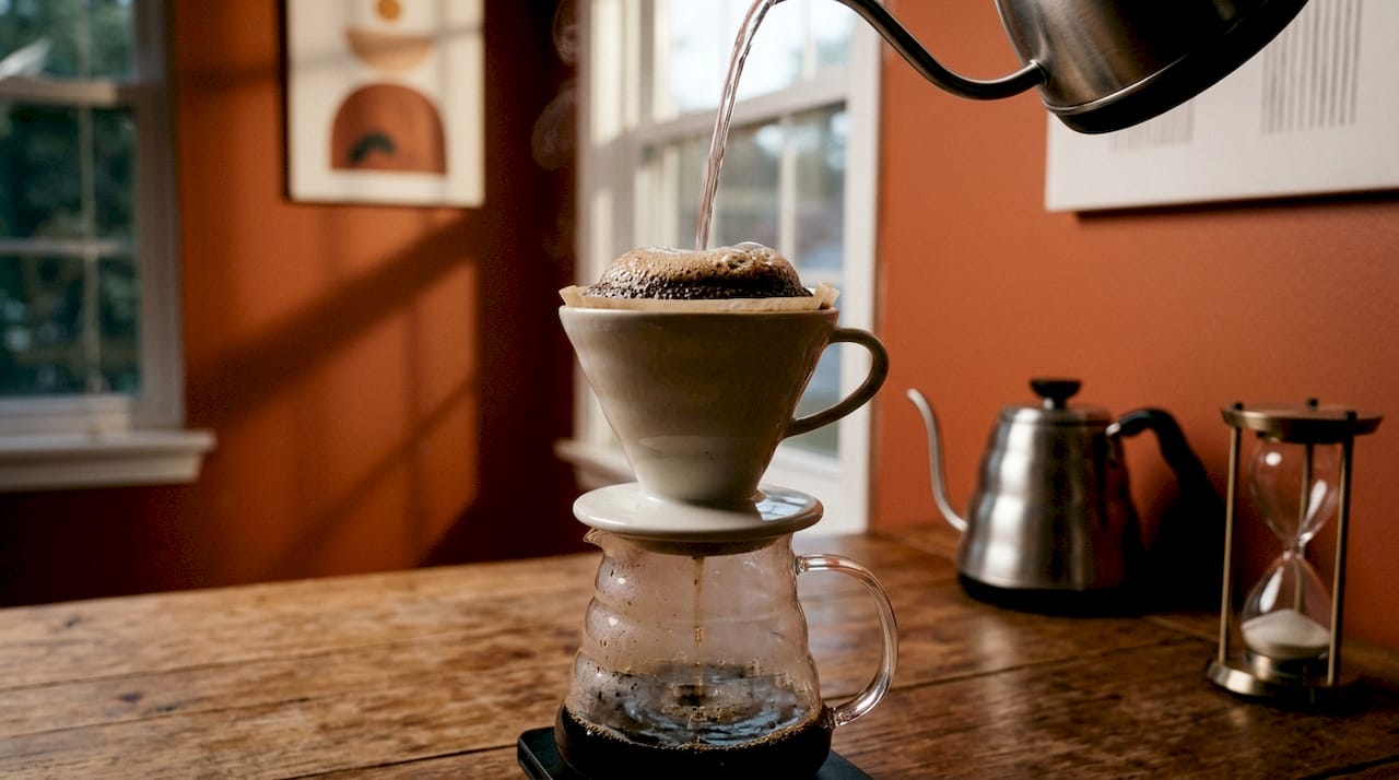Close-up of coffee bloom test during pour over brewing