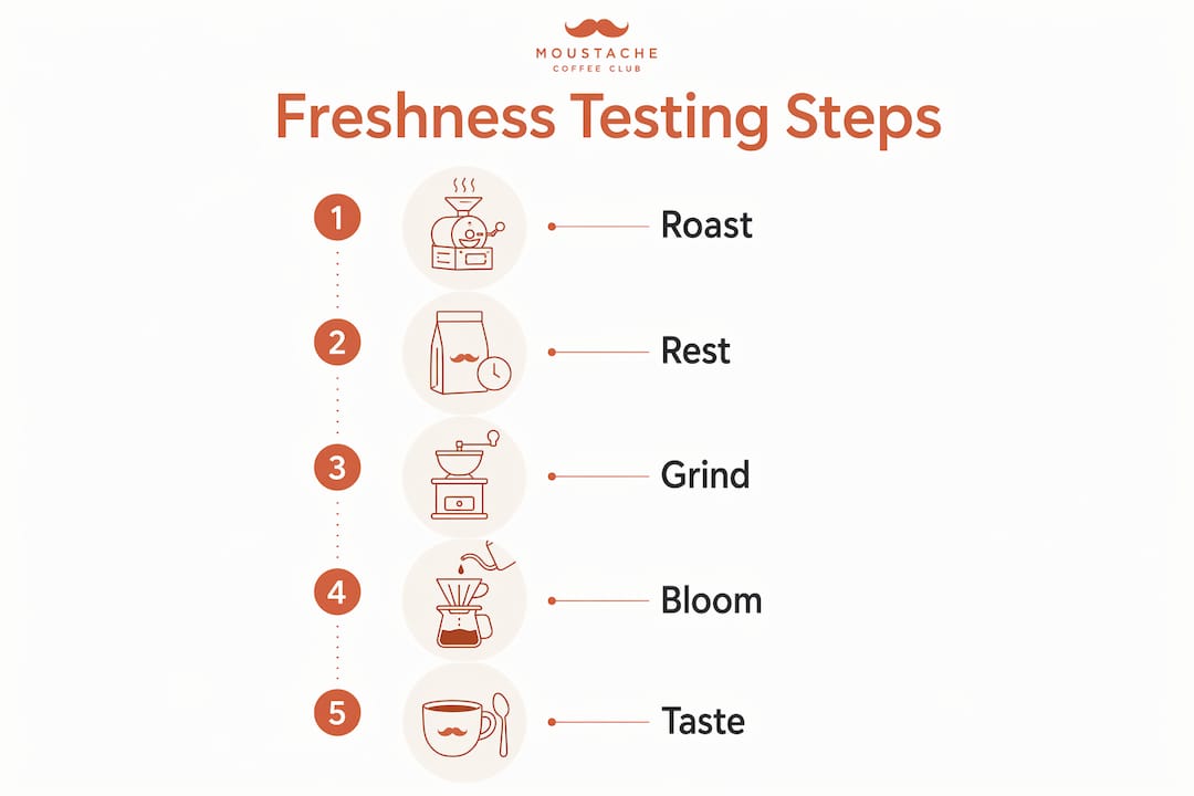 Infographic illustrating steps to test coffee freshness