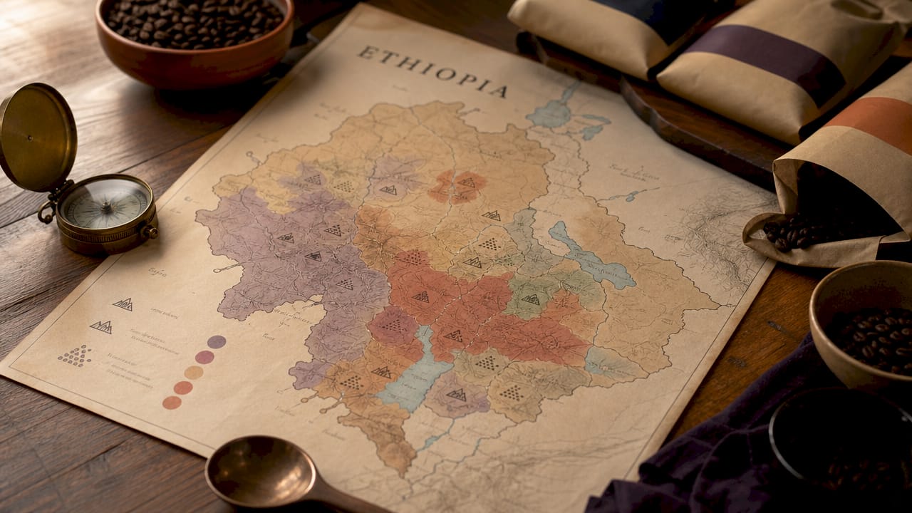 Flat lay map and coffee tasting tools on wood desk