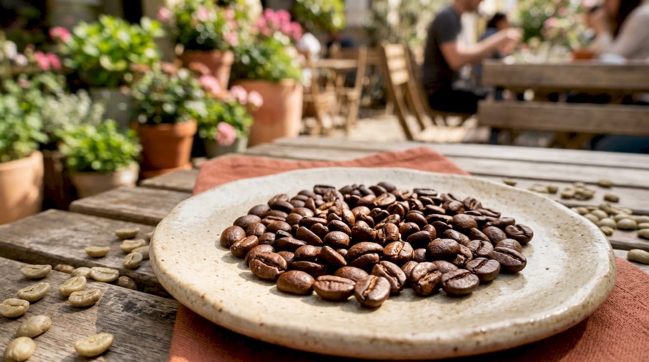 Close-up of roasted coffee beans showing caramelization