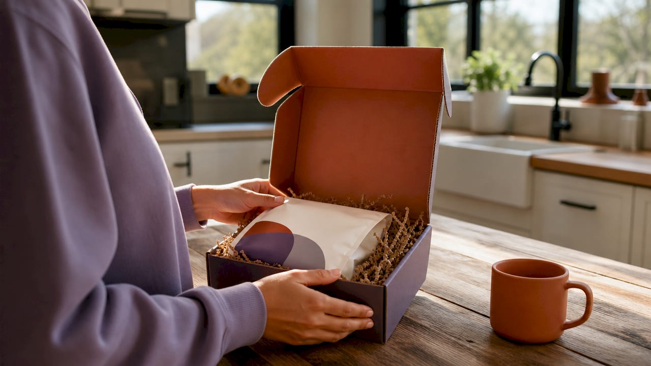 Hands opening gifted coffee subscription delivery box