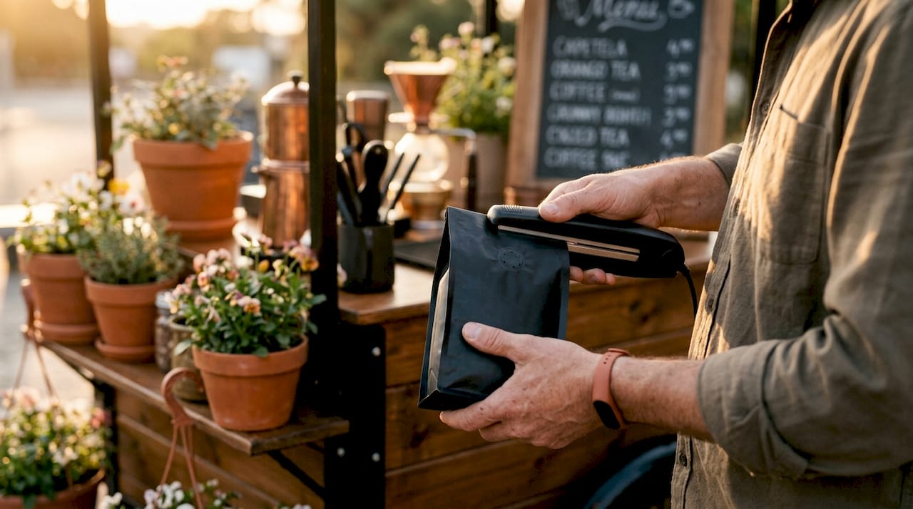 Barista sealing fresh coffee bags on shop counter