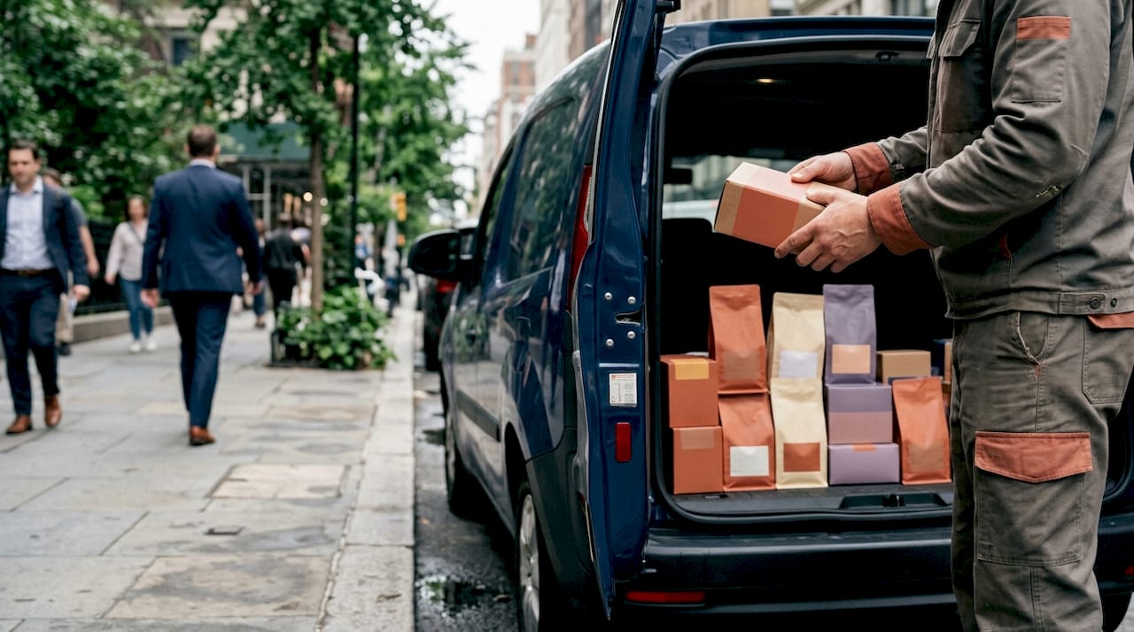 Courier loading coffee package into electric delivery van