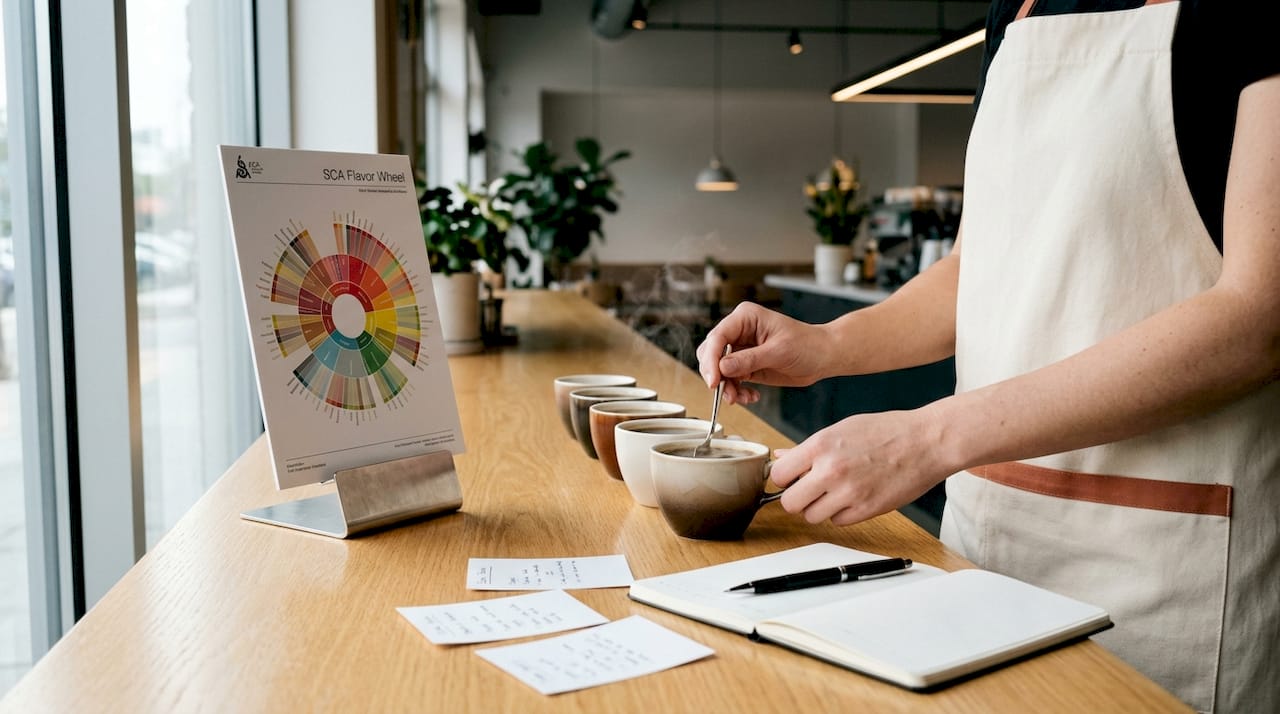 Hands interacting with coffee and flavor wheel