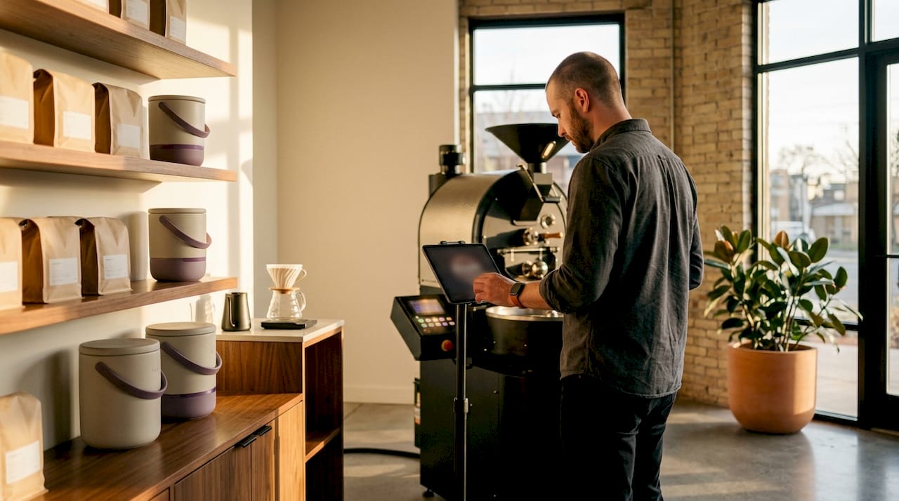 Engineer monitoring electric coffee roaster data
