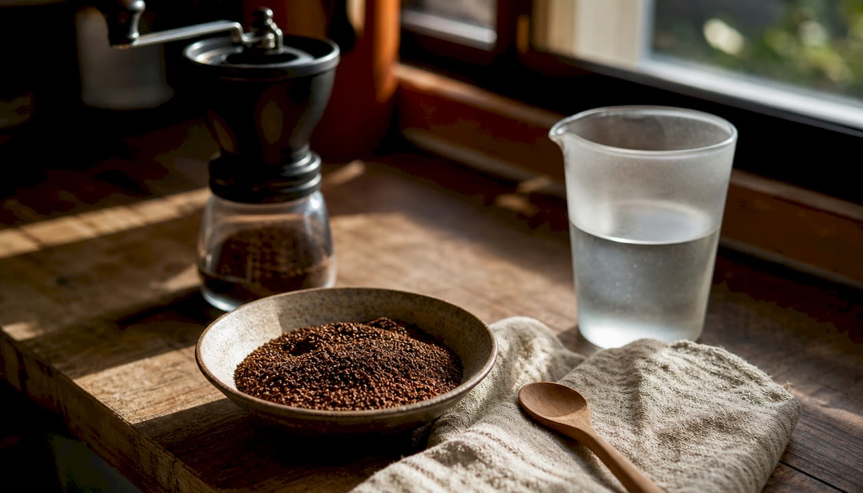 Top view of coarse ground coffee in burr grinder on kitchen table
