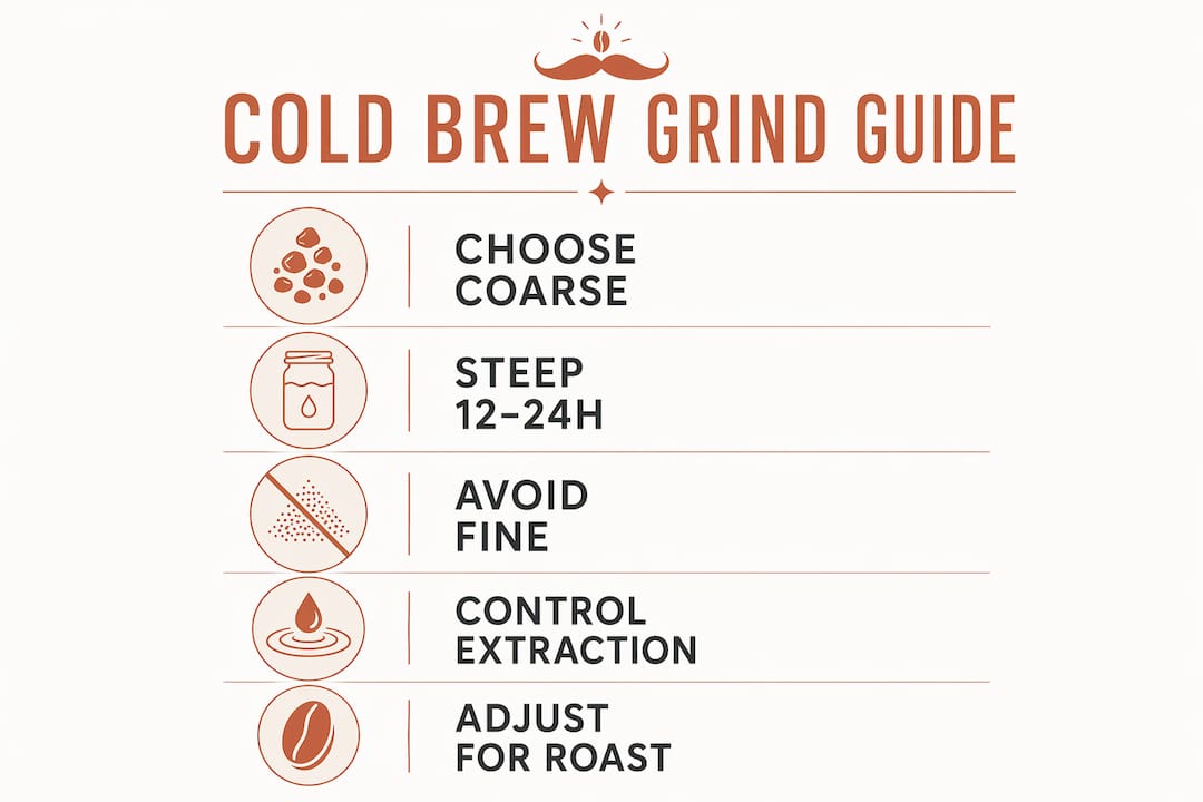 Infographic illustrating cold brew grind size and steeping steps