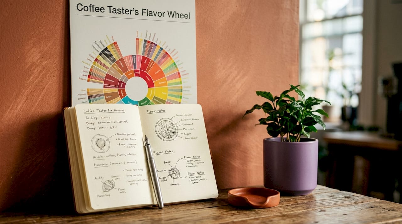 Overhead view of coffee flavor wheel with notes and coffee cup