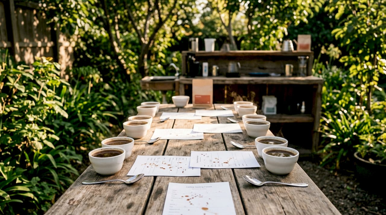 Close-up of coffee cupping setup with bowls and spoons