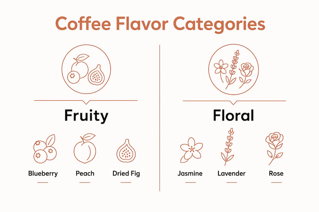 Infographic showing coffee flavor categories fruity and floral