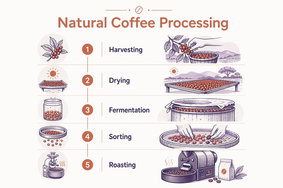 Infographic showing natural coffee processing steps
