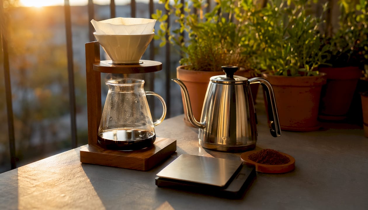 Pour-over coffee brewing setup on kitchen countertop