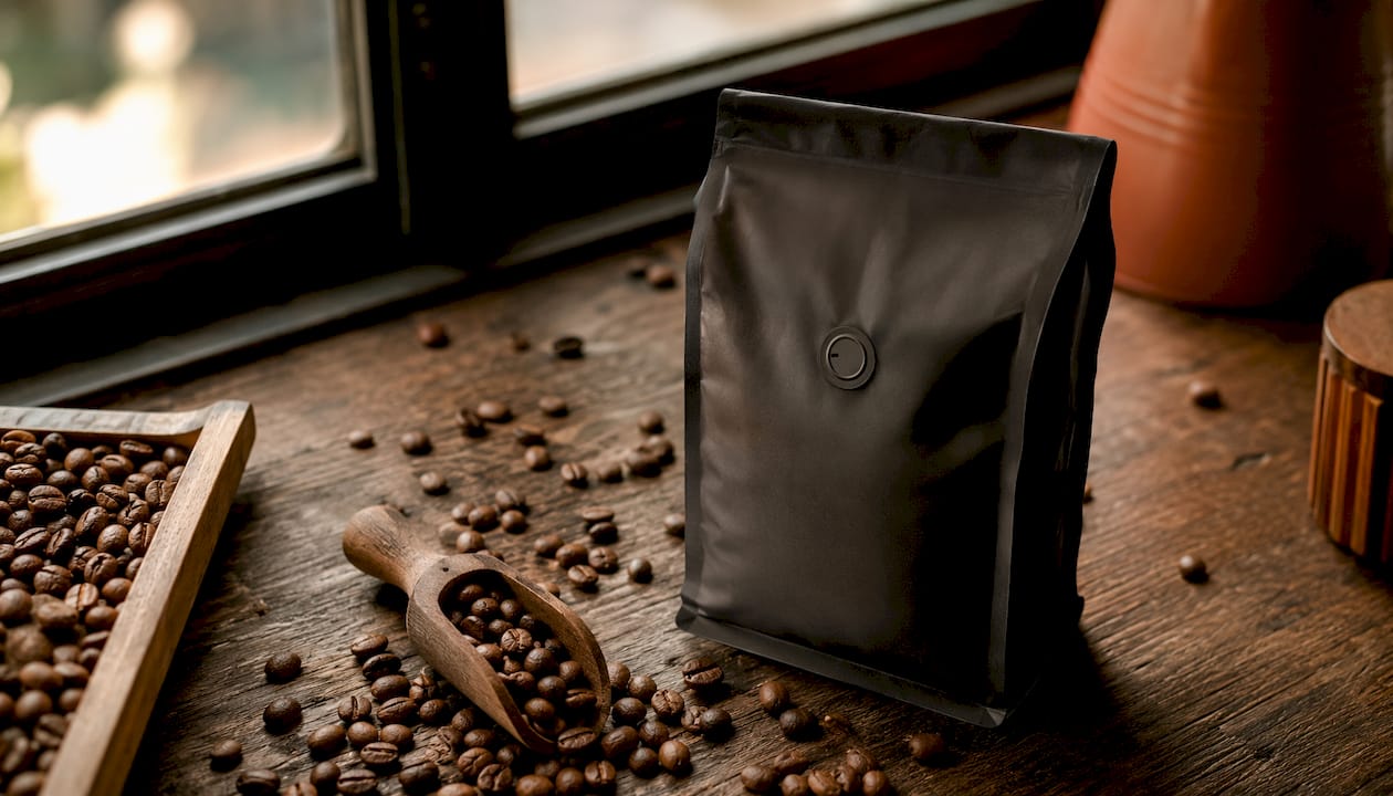 One-way valve coffee bag with roasted beans and grinder nearby