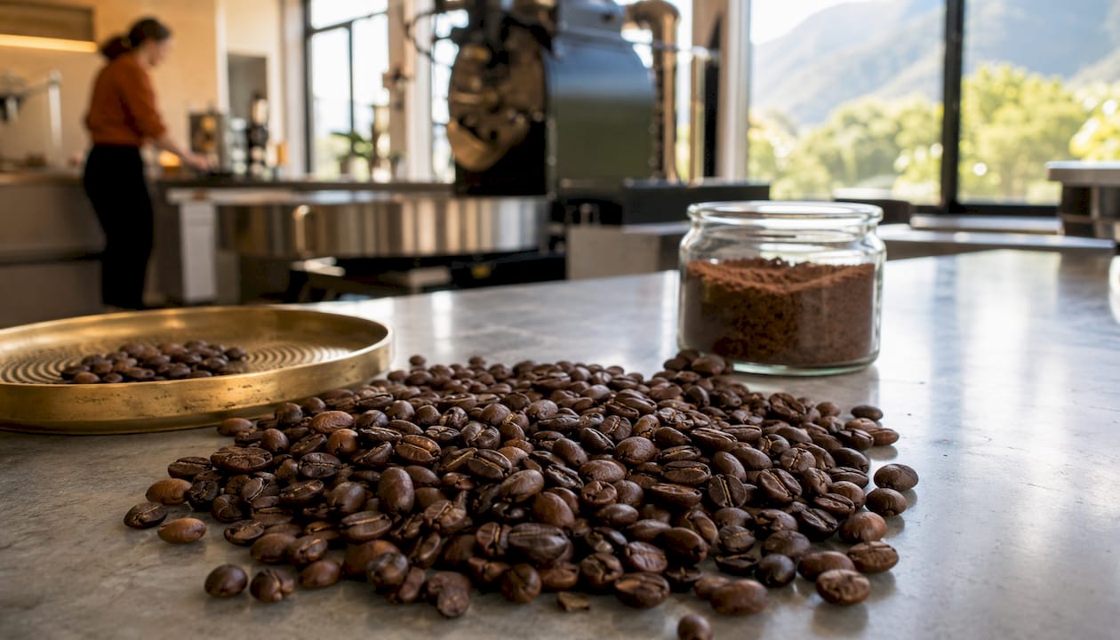 Close-up of roasted coffee beans in cooling tray with roasting tools