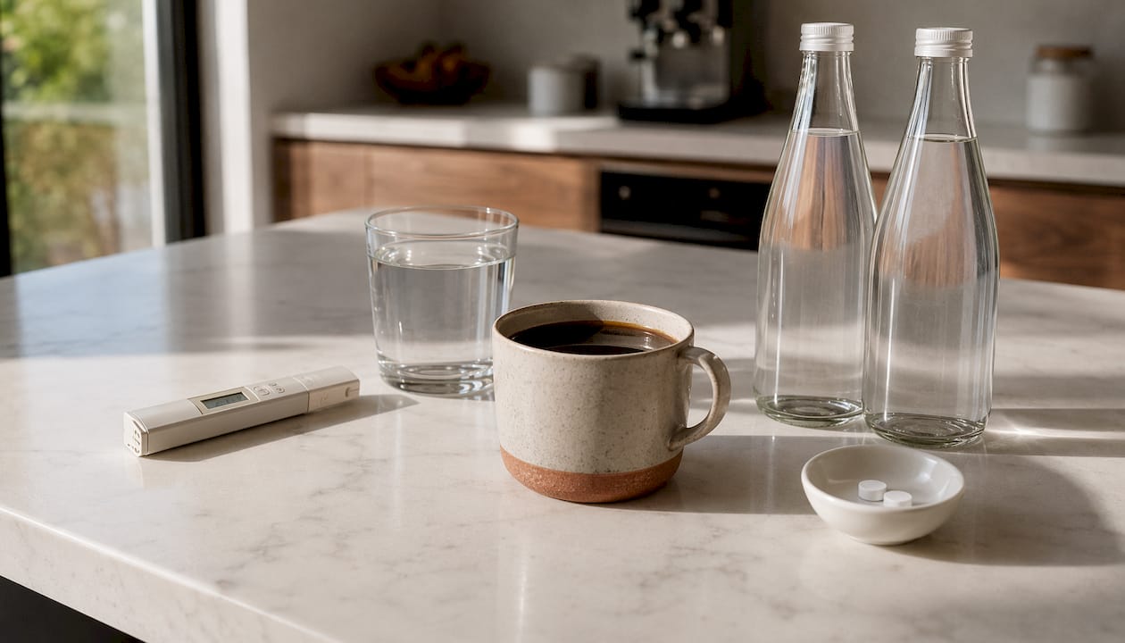Water quality testing tools and brewed coffee overhead