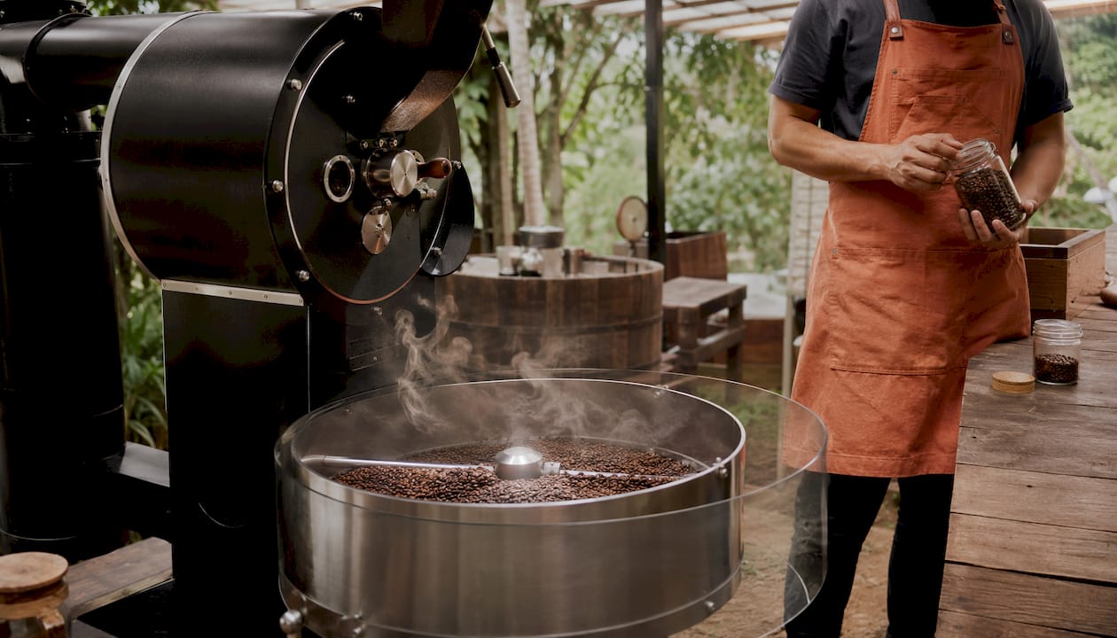 Coffee roasting machine and cooling beans in roastery